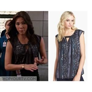 Trouvé Women's Size Small Gray Spliced Leopard Print Front Keyhole Woven Top